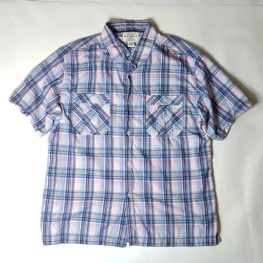 Polo by Ralph Lauren, men's xl, pink, blue and black plaid button down.